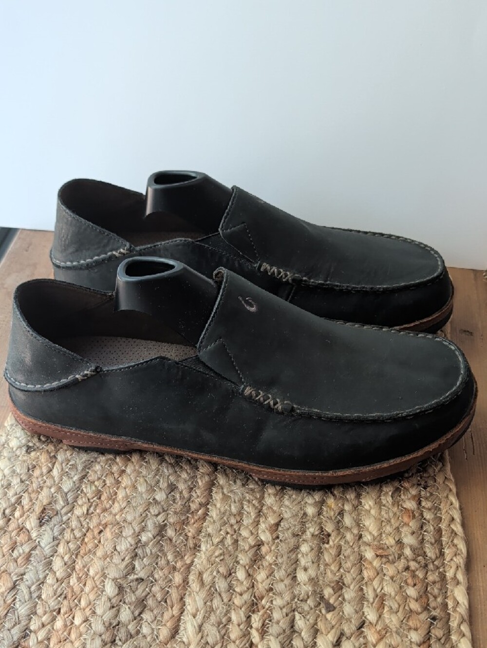 OluKai Men's Black Moloa Leather Slip-On Loafers - Picture 8 of 12